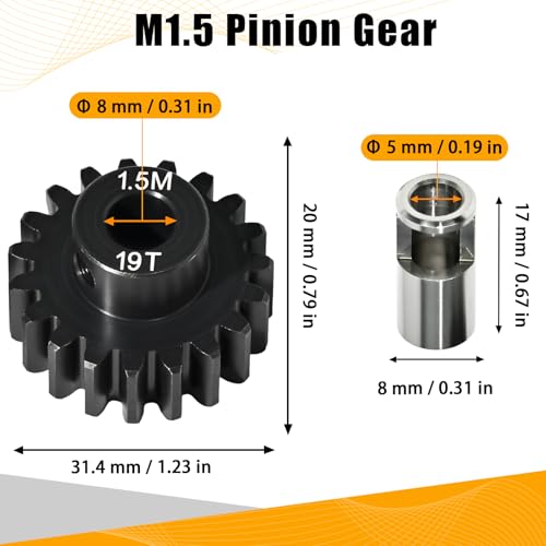 M1.5 19T Pinion Gear 8mm Bore with 8mm to 5mm Shaft Adapter Sleeve, Chromium Steel Motor Gear with Set Screw & Hex Key for Traxxas ARRMA Losi 1/5 1/8 RC Cars - size: 19T