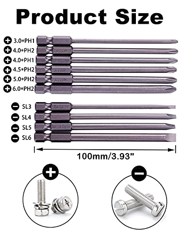 Rocaris 10pcs 1/4 Inch Hex Shank Long Magnetic Screwdriver Bits Set | 4 in Power Tools (Slotted+Cross Head) - size: 10Pcs(Slotted+Cross)