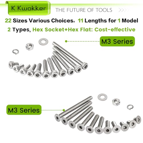 2540Pcs M3 Screws 4MM to 35MM, Socket Head Screws & Flat Head Screw, 304 Stainless Steel Assorted Nuts and Bolts Assortment Kit M3 Screw Kit with Nuts, Washer and Lock Washers - size: L. M3