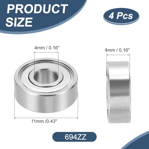 uxcell 4 Pack 694ZZ Deep Groove Ball Bearings, 4x11x4mm Chrome Steel Double Shield Bearing for Electric Motor, Home Appliances, Garden Machinery, (ABEC5) - size: 694ZZ
