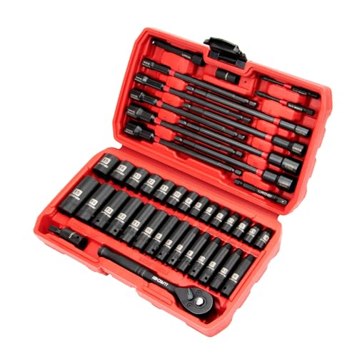 1/4" Drive Socket Set & Nut Driver Set with Ratchet, 44Pcs | 1/4-Inch Sockets Deep&Shallow Metric(4-15mm), 1/4" Hex Shank 6" Long Nut Drivers(6-14mm) for Impact Drill Bits(PH1 PH2) - size: 44PCS Metric