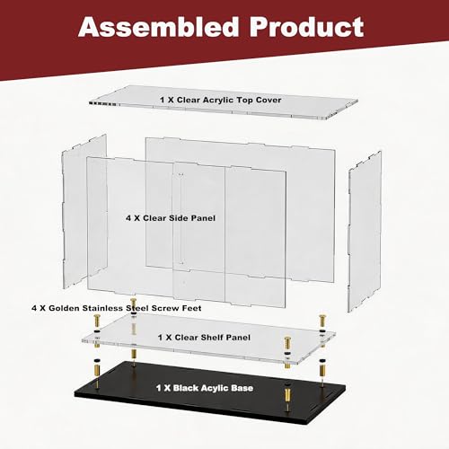 Acrylic Display Case with Raised Shelf, Clear Display Box with Black Base & Gold Standoffs, Dustproof Showcase for Collectibles, Figures, Model Cars – Easy Assembly (10×10×14 Inch) - size: 10"L x 10"W x 14"H