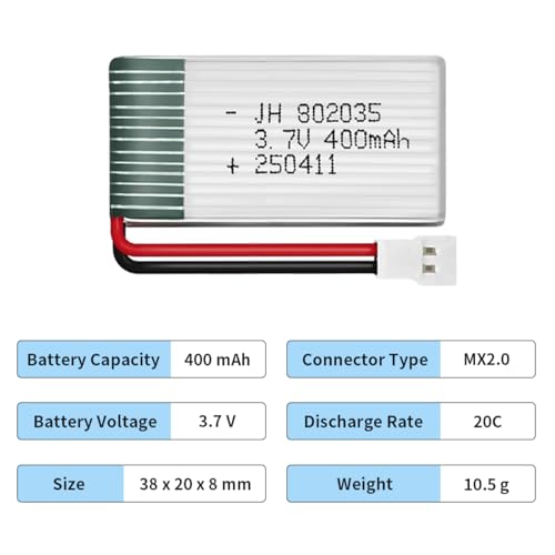 HAWK'S WORK 2 Pcs 3.7V Lipo Battery, 400 mAh Rechargeable Lithium Polymer Battery for RC Plane Helicopter Drone All Models & Toys (MX2.0 Connector) - size: 400mAh-MX2.0