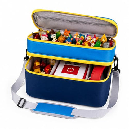 Carrying Case for Toniebox Gen 1 & 2, Holds 25+ Figures & Accessories | 2-layer top tray+deep bottom fit audio box, charging station & headphones; water-resistant with shock-absorbing EPE foam - color: Blue