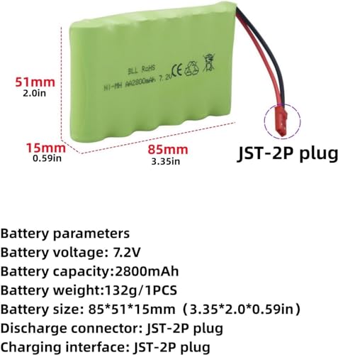 7.2V 2800mah AA Rechargeable Ni-MH Battery with JST-2P Plug and USB Charging Cable Suitable for The New Version TR-211 TR-212 TR-215 550 RC Excavator, Truck, Engineering Vehicle TR-211 RC Toy