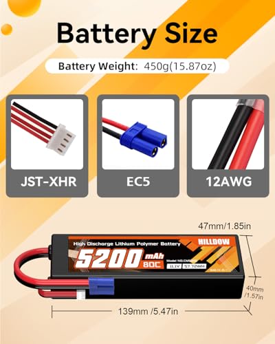 Hilldow 5200mAh 11.1V RC Battery 80C 3S Lipo Battery with EC5 Hard Case for RC Vehicles Car Buggy Truggy Airplane Drone(2packs)