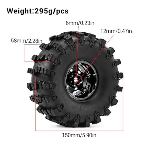 2.2" Beadlock Wheels and Tires 150mm (5.91in) for SCX10 RBX10 Wraith TRX4 1/10 RC Crawler Upgrade Parts (Black, 4pcs) - color: Black 2