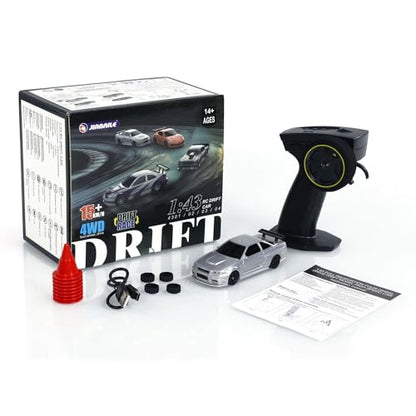 1/43 RC Full Scale Ready to Run Race Vehicle Remote Control Drift Car 4WD Mini Lights System High Speed Four Wheel Drive Full Proportional RC Electric Racing Car Model(Silver), - color: Silver