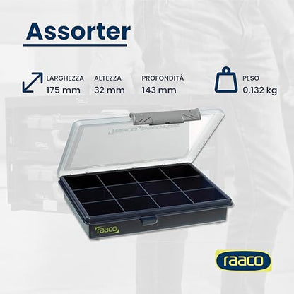 Raaco Assorter 6-12 Tool Box Organizer, 12-Slot Small Parts & Hardware | Compact, 12 Slots Fixed Grid with Semi-Transparent Lid, Polypropylene (PP) Storage Box for Screws, Nuts and Bolts - size: Compact –12 Slots, style: Fixed Grid