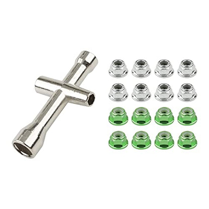 16pcs M4 Lock Nuts Set for 1/10 RC Car - Green Aluminum & Silver Steel with Hex Driver | RC Tool Kit & Nut Driver for Traxxas Axial Tamiya Wheel Replacement - color: Green & Silver