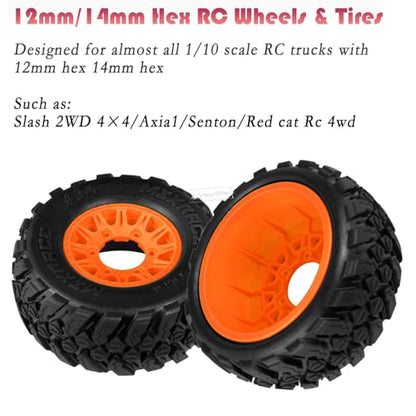 RC 12mm/14mm Hex RC Wheels and Tires for 1/10 Slash 2WD 4×4 4wd,Senton Axia1 Red cat Rc 4wd,Rc Truck Tires Snow Tires Desert Tires,4PCS,Orange - color: Orange(4pcs)