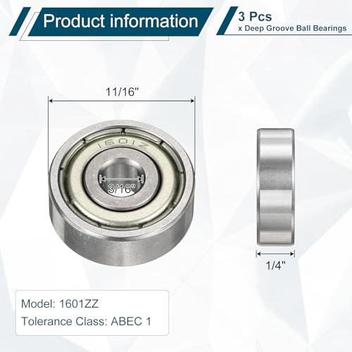 uxcell 3 Pcs 1601ZZ Deep Groove Ball Bearing 3/16" x 11/16" x 1/4" Double Metal Sealed, Chrome Steel Bearings - size: 1601ZZ 3/16" x 11/16" x 1/4"
