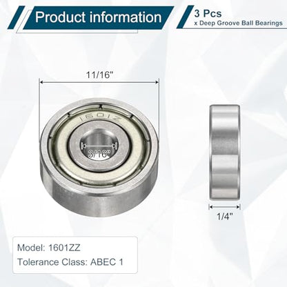 uxcell 3 Pcs 1601ZZ Deep Groove Ball Bearing 3/16" x 11/16" x 1/4" Double Metal Sealed, Chrome Steel Bearings - size: 1601ZZ 3/16" x 11/16" x 1/4"