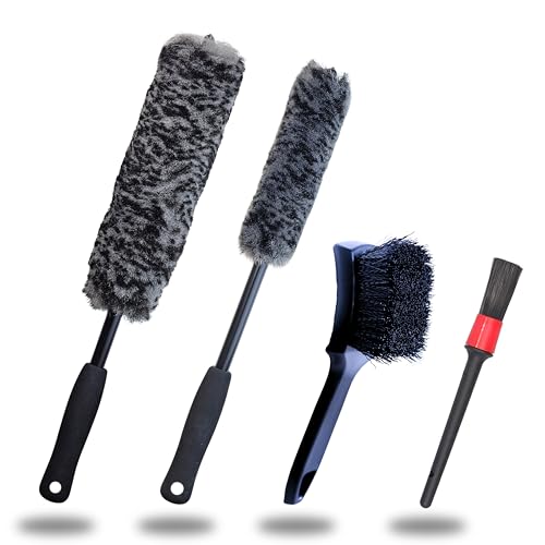 Refined Long Handle Car Wheel Brush Arsenal, Soft Wheel and Rim Brush,Tire Brush, Bendable & Durable Car Wheel Rim Cleaner Brush Set for Cleaning Wheel and Tire, Large, Grey & Black - size: 4 Packs