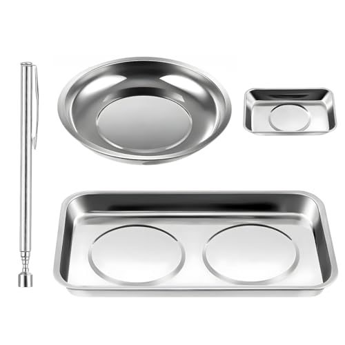4PCS Magnetic Tray Set with Magnet Stick, Round Rectangular Tray Metal Parts Holder w/Telescoping Pickup Tool, Automotive Stainless Steel Thickened Trays for Screws, Nuts, Bolts