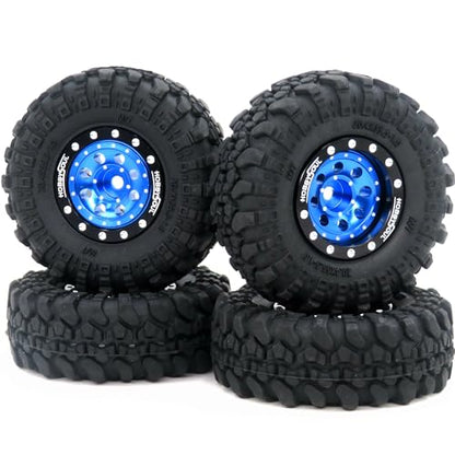 RC 1.0 Tires & Heavy Adjustable Offset 1.0 Beadlock Wheels Black Blue for 1/24 RC Crawler Car Truck Axial SCX24 Upgrade,(4-Pack, Assembled) - color: Black & Blue
