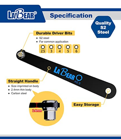Metric Hex Screwdriver Set, Ultra Low Profile 90°, 2.5-6mm | 10mm low-clearance access, S2 steel strength, five sizes included, carabiner storage for bike and repair kits - size: Metric HEX