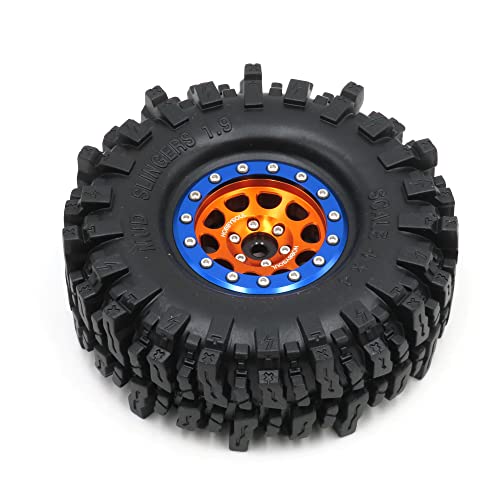 1.9 Mud Slingers Tires Soft Sticky Tyres 120mm / 4.72inch & Metal 1.9 Beadlock Wheels Orange Blue Rims for 1/10 RC Crawler Trail Traxxas TRX4 Axial SCX10 Redcat Gen8 upgarde - color: Orange & Blue
