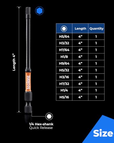 toolant Impact Hex Bit Set, SAE, 10-Piece | CNC-machined tips, S2 alloy steel body, hardened core, magnetic fastener retention, impact-driver use - size: 4" 10PCS(5/64"-5/16")