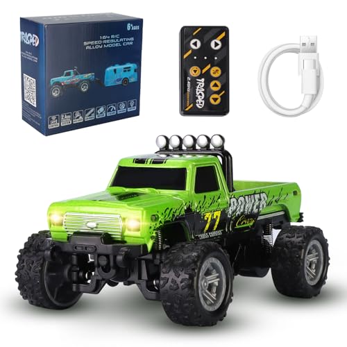 Mini RC Truck,1:64 Scale Monster Truck Remote Control Car with Lights, 2.4Ghz Remote Control RC Car and Trailer, Speed and Steering Adjustable (Green) - color: Green