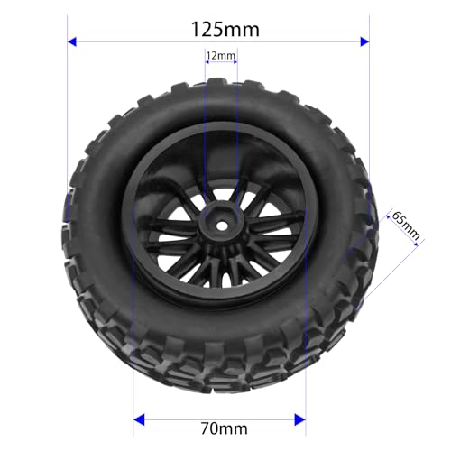 4Pcs OD 4.9" RC Wheel Rim Rubber Tires Set 12mm Hex Compatible with HSP Redcat Exceed Tamiya HPI Kyosho 1/10 Off-Road Buggy Monster Short-Course Truck Car