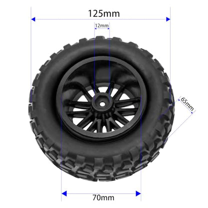 4Pcs OD 4.9" RC Wheel Rim Rubber Tires Set 12mm Hex Compatible with HSP Redcat Exceed Tamiya HPI Kyosho 1/10 Off-Road Buggy Monster Short-Course Truck Car
