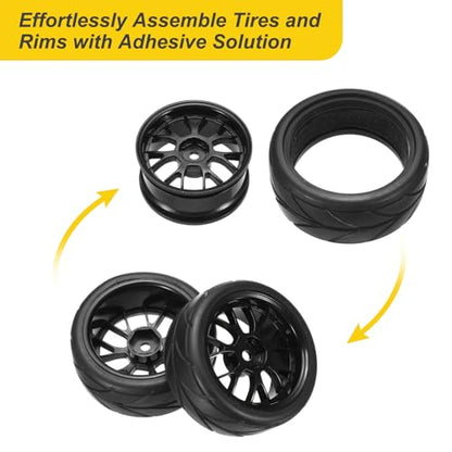 uxcell 4-Pair High-Grip RC Car Tire & Wheel Set for 1/10 Scale On-Road Touring Cars - Soft Rubber Tyres with 12mm Hubs, Black, Type J