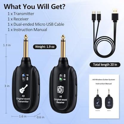 A8 Wireless Guitar System UHF 2 Modes, Rechargeable Li-Battery, 100ft Range, Plug & Play for Guitar, Bass, Violin, Keyboard - Black | Rechargeable Li-Battery, 100ft Range, Wireless Guitar Transmitter Receiver For Bass Violin Keyboard Electric Instruments