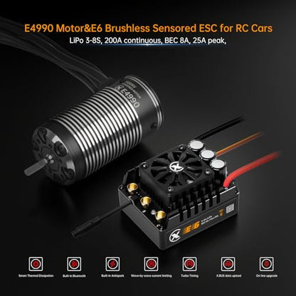 XC E4990 Motor & E6 Sensored Brushless ESC Combo for RC Car,3-8S Lipo,200A Continuous Current,Supprot APP Control,Applicable to:1/6 On-Road,Off-Road,Short Course,1/7 Monster(Heavy Load)