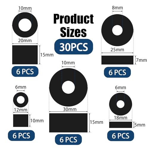 30 PCS Rubber Spacer 5 Sizes Black Non-Slip Thick Grommets Vibration Isolation Round Rubber Flat Washers Spacers Washers for Home and Car Accessories - size: 5 Sizes, style: Different size