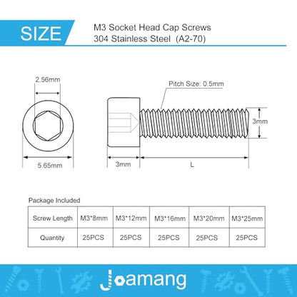 M3 x 8mm 12mm 16mm 20mm 25mm Socket Head Cap Screws Bolts, Stainless Steel 304, Metric Allen Hex Drive, Bright Finish, Fully Threaded, Assortment Kit 125PCS - size: Socket M3x8-25 mm
