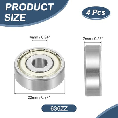 uxcell 4 Pack 636ZZ Deep Groove Ball Bearings, 6x22x7mm Chrome Steel Double Shield Bearing for Electric Motor, Home Appliances, Garden Machinery, (ABEC5) - size: 636ZZ