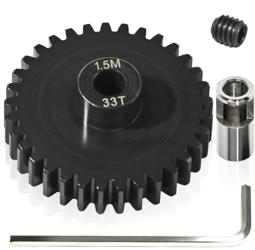 M1.5 33T Pinion Gear 8mm Bore with 8mm to 5mm Shaft Adapter Sleeve, Chromium Steel Motor Gear with Set Screw & Hex Key for Traxxas ARRMA Losi 1/5 1/8 RC Cars - size: 33T