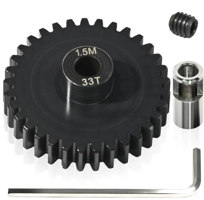 M1.5 33T Pinion Gear 8mm Bore with 8mm to 5mm Shaft Adapter Sleeve, Chromium Steel Motor Gear with Set Screw & Hex Key for Traxxas ARRMA Losi 1/5 1/8 RC Cars - size: 33T