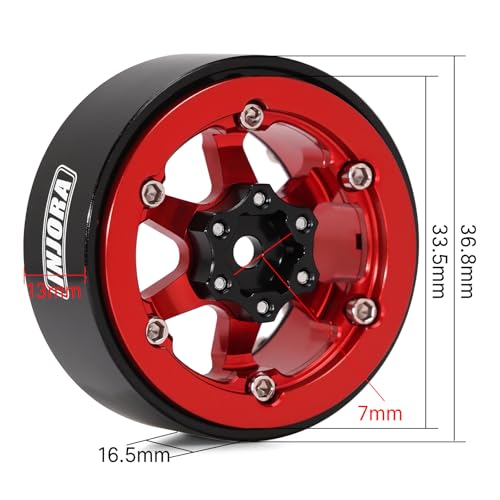 INJORA 1.3" Aluminium -5.25mm Offset Beadlock Wheels for 1/24 1/18 RC (Red) - color: Red