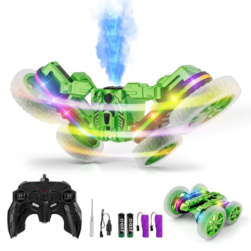 Terucle 360°Rotating Remote Control Car, 4WD RC Cars with Cool Spray, 2.4Ghz Double Sided RC Stunt Truck for 6-13 Year Old Boy Toys Birthday Gift