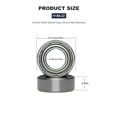 20 PCS R188ZZ Deep Groove Ball Bearings - 1/4 Inch x 1/2 Inch x 3/16 Inch - Both Sides Metal Shielded Chrome Steel Bearings for Small Mechanical Equipment (R188-ZZ) - size: R188ZZ