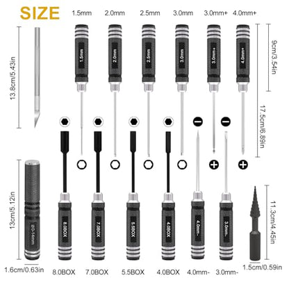 19Pcs RC Car Tool Kit Hex Screwdriver Set Nut Drivers Phillips Screwdrivers Plier Wrench Body Reamer for 1/8 1/10 Traxxas Axial Arrma DJI Drone Boat RC Repair Tool Kit Black - color: Black