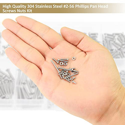 242 Pieces #2-56x 5/32", 3/16", 1/4", 5/16", 3/8", 1/2", 5/8", 3/4", 1", Phillips Pan Head Machine Screws Nuts Assortment Kit, 304 Stainless Steel, Fully Machine Thread - size: #2-56