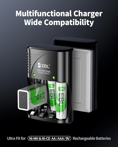 EBL 4-Bay Battery Charger for AA & AAA Rechargeable Batteries with Rechargeable AA NiMh Batteries, 4 Count, Battery Charger with Foldable Wall Plug - size: Charger+4AA