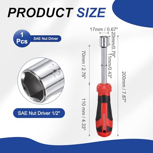 HARFINGTON SAE Nut Driver 1/2" CR-V Non-Magnetic Tip Hollow Shafts Hex Socket Screwdriver with Anti-Slip Handle for Automobile Repair Bit Driver - size: 1/2"