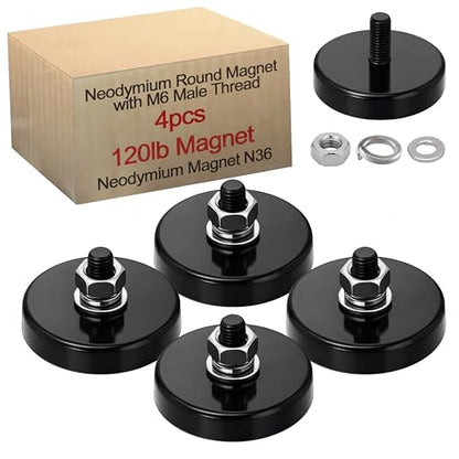 Flutesan 4 Pieces Heavy Duty Round Mounting Magnet with Bolt 1.42in-120lb-m6 Black with Male Thread Stud Strong Earth Magnet Super Powerful for Lighting Camera Brackets License Plate - color: Black, size: 1.42in-90lb-M6