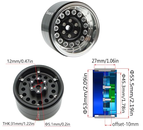 RC 1.9 Inch Beadlock Wheels Negative Offsets 10mm Rims Hex 12mm Aluminum Wheel for TRX4 TRX6 SCX10 Gen8 1/10 RC Crawler Remote Control Car Upgrades Accessories 4pcs (Black & Silver) YK1906 - color: Black & Silver