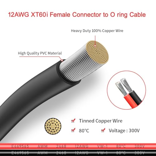 ELFCULB XT60i to O Ring Terminal Cable,12AWG XT60i Female to O Ring Connector with Tinned Pure Wire,for RC Battery Solar Portable Power Power Station and Solar Panel(2FT) | XT60i battery cable with stranded tinned copper wire for battery terminals, RVs, a