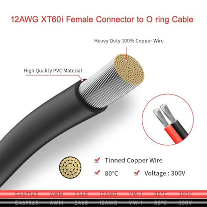 ELFCULB XT60i to O Ring Terminal Cable,12AWG XT60i Female to O Ring Connector with Tinned Pure Wire,for RC Battery Solar Portable Power Power Station and Solar Panel(2FT) | XT60i battery cable with stranded tinned copper wire for battery terminals, RVs, a