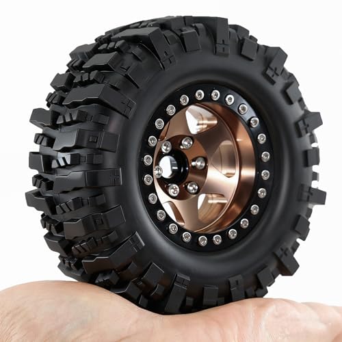 REDSPIDER 4PCS 1.9" RC Crawler Tires Mud Slingers (OD 95mm/3.75") & Beadlock Wheels, Deep Dish -10.4mm Negative Offset Rim for 1/12 MJX H12Y, MN128, MN82S, (Brown) - color: Brown
