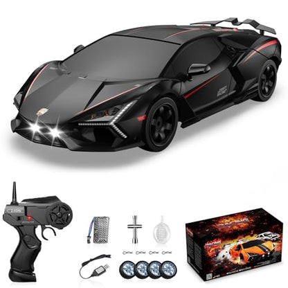 RC Drift Car, Drifting RC Car 1/24 4WD Drift Cars Remote Control 2.4GHz Racing RC Vehicle with LED Lights and Drifting Tires Racing Sport Toy Cars for Adults Boys Kids - color: Black+red