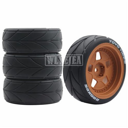 4PCS RC 1/10 On-Road Tires 65mm RC Rubber Tires w/Plastic Wheel Rim 12mm Hex Fit for 1/10 RC On-Road Rally Car HPI Tamiya TT01 TT02 Kyosho Wltoys 144001 - color: Brown 1
