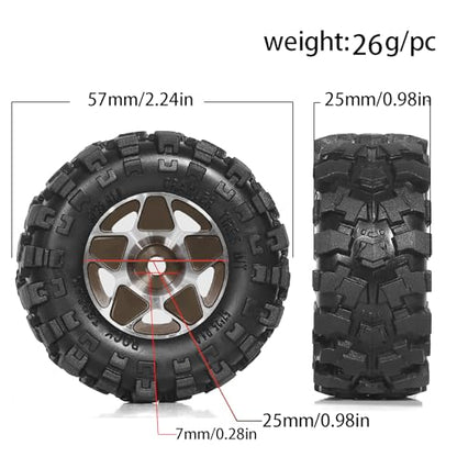 REDSPIDER 1.0 Beadlock Wheels and Tires Set（4pcs） 1.0 Crawler Tires 57 * 25mm Aluminum Alloy 1.0 Wheel 1/18 1/24 RC Crawler Tires for SCX24 TRX4M FMS FCX24 FCX18 AX24 (Brown) - color: Brown