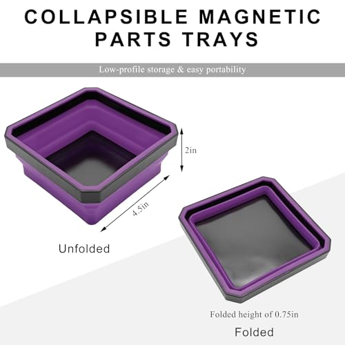 Collapsible Magnetic Parts Tray, 4.5 Inch Foldable Silicone Bowls with Double-Sided Magnetic Base, Parts Tray Organizer for Bolts Nuts Washers Pins Screws, Car Accessories (Purple) - color: Purple